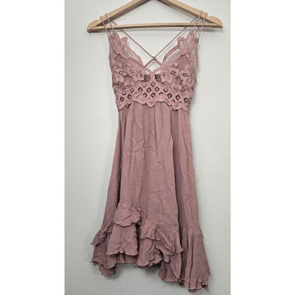Free People Adella Lace Slip Mini Dress Size XS Pink Mauve - Picture 2 of 8